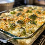 Close-up view of a baked dish featuring broccoli and cauliflower mixed with cottage cheese.