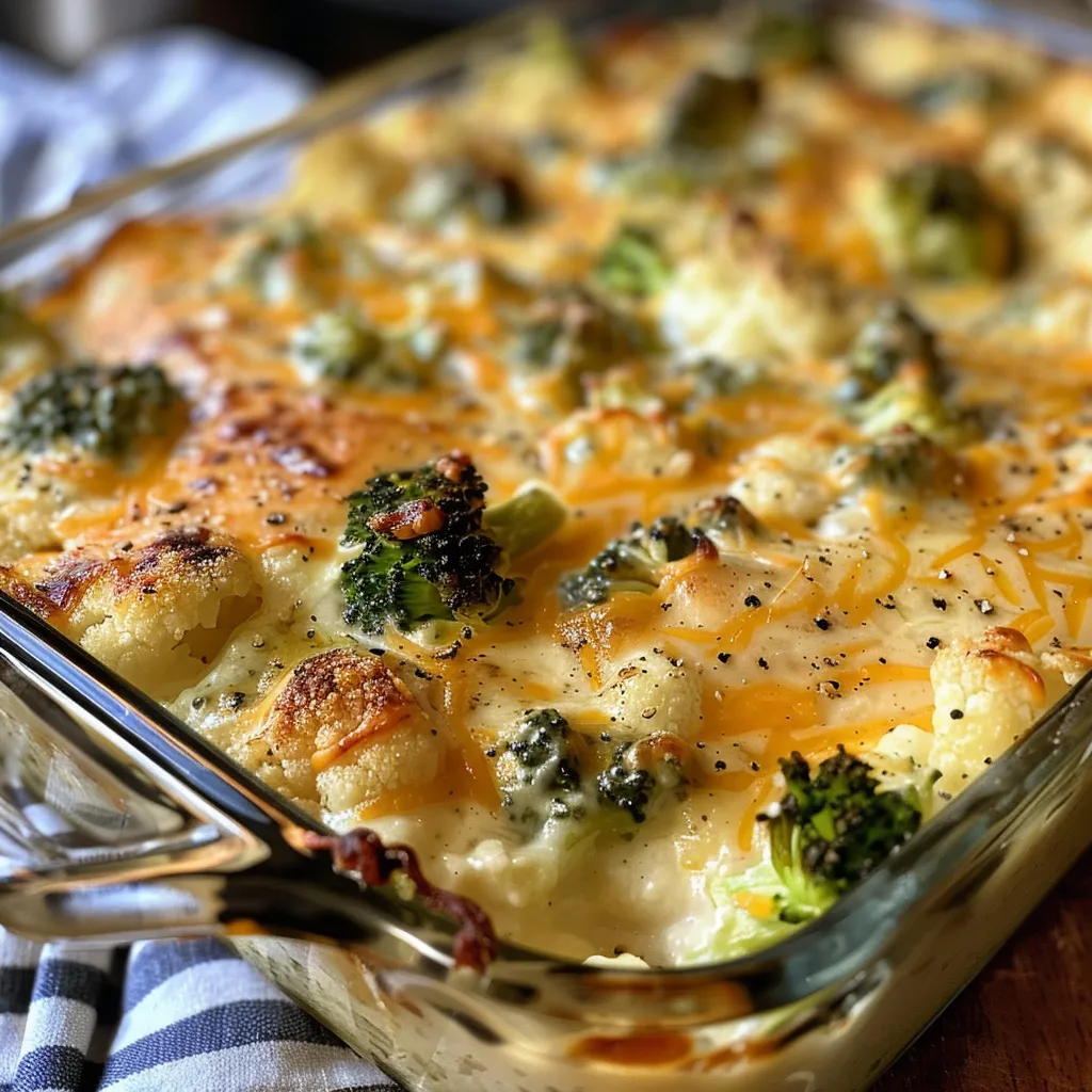 Side view of a savory broccoli and cauliflower bake, showcasing its creamy texture and golden top.