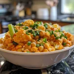 A close-up side view of a Buffalo Cauliflower & Chickpea Casserole with golden brown topping.