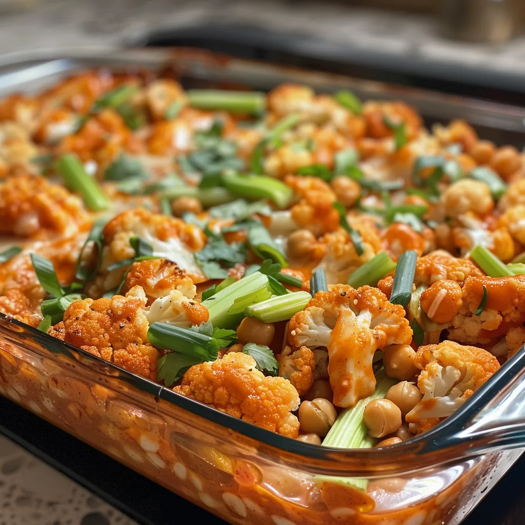 Juicy Buffalo Cauliflower & Chickpea Casserole served in a dish, showcasing vibrant colors and textures.