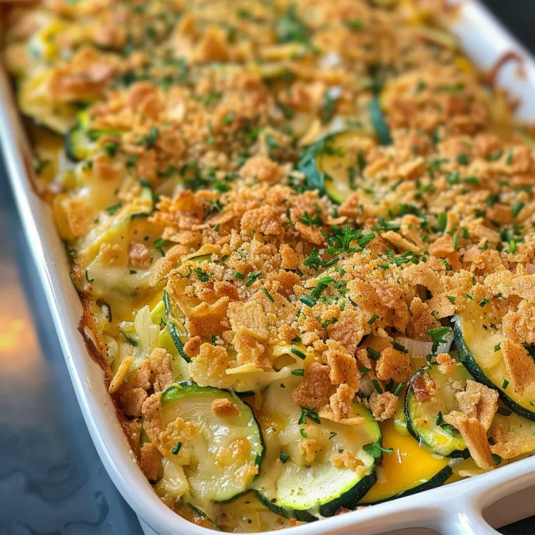 A close-up view of a buttery zucchini casserole topped with crushed Ritz crackers.