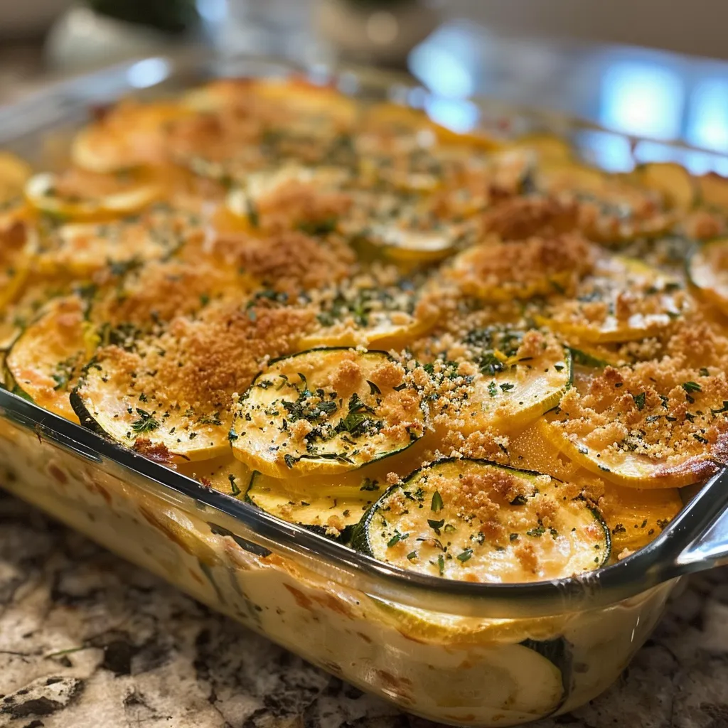 Side angle of a cheesy zucchini casserole with a golden Ritz cracker crust.