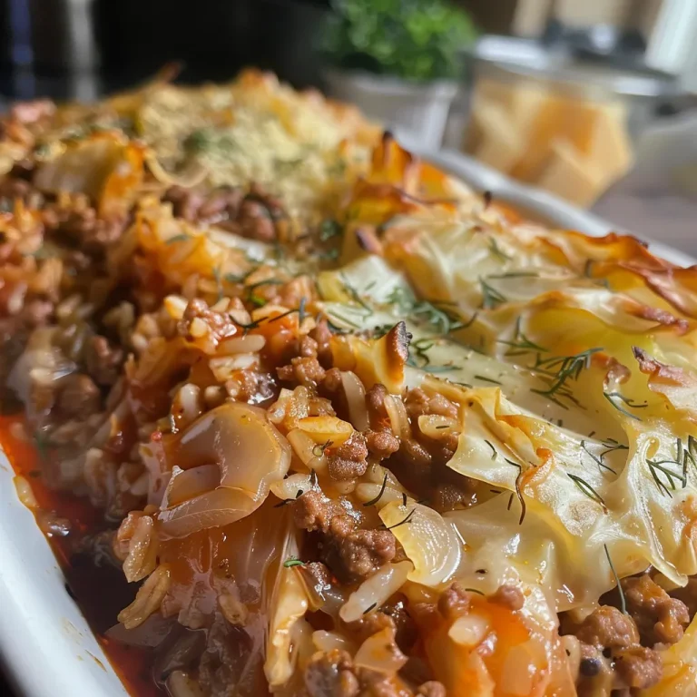 Juicy cabbage and ground beef casserole in a baking dish, featuring layers of melted cheese.