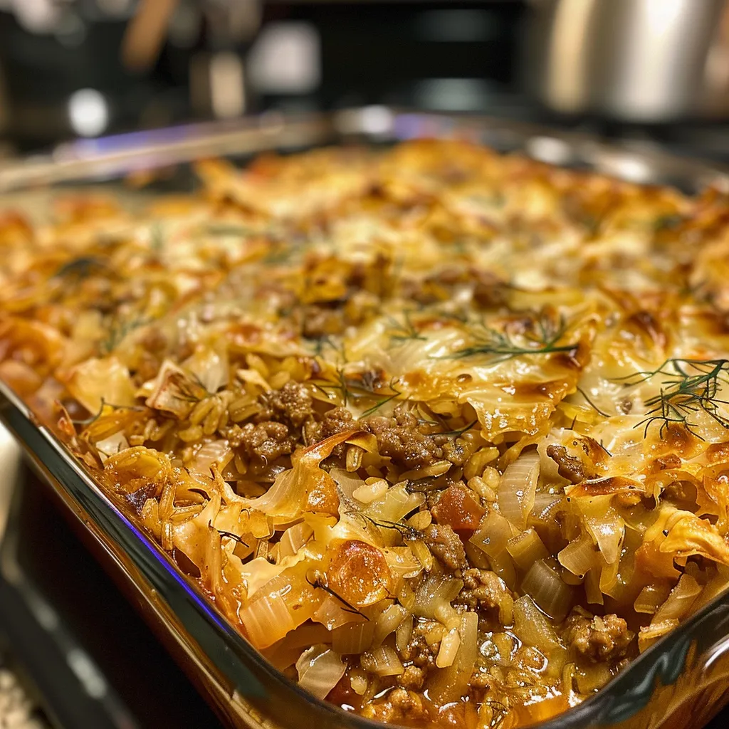 Close-up view of a hearty cabbage and ground beef casserole, showcasing its rich ingredients.