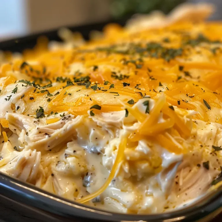 A close-up view of a juicy chicken casserole with melted cheese on top.