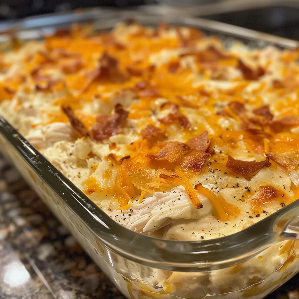 Side view of a creamy chicken casserole dish with golden cheddar cheese.