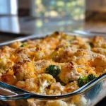 A close-up side view of a cauliflower chicken casserole topped with melted cheese.