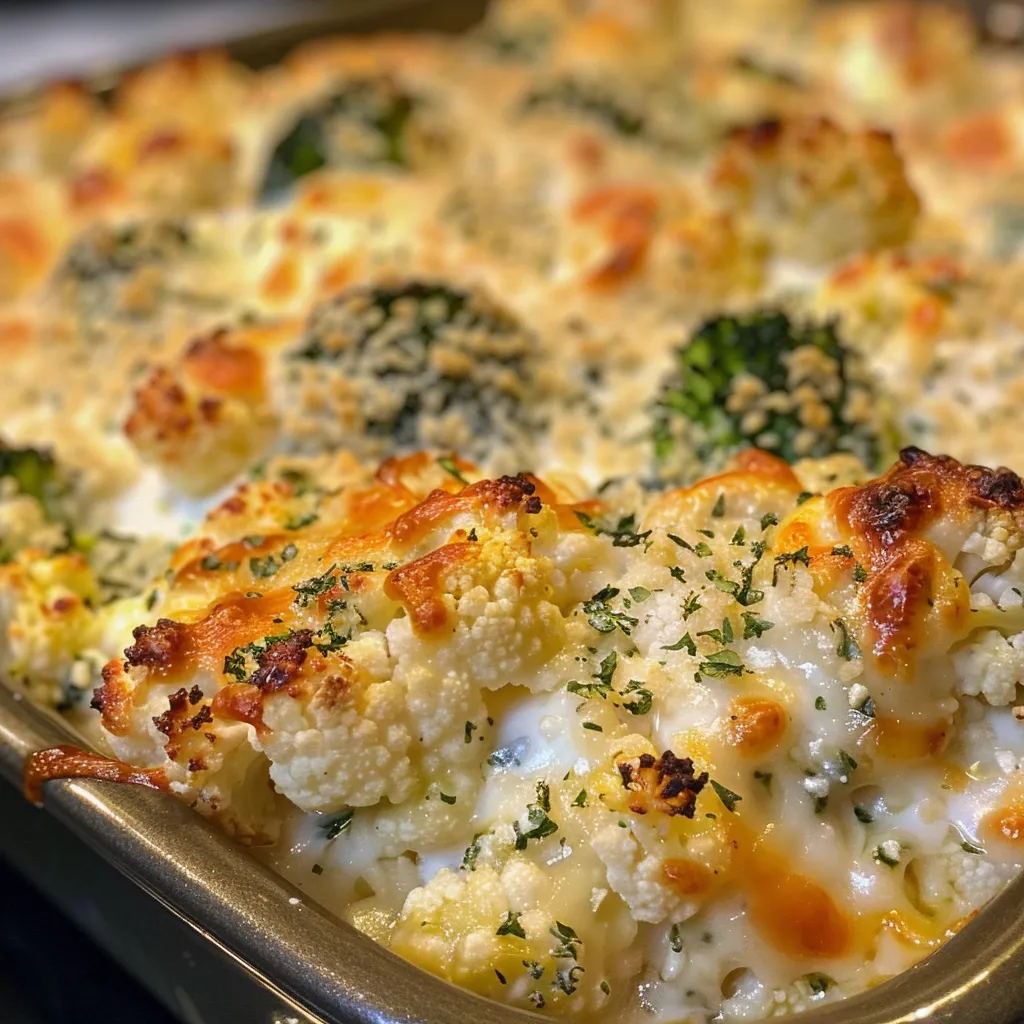 Juicy, golden cauliflower chicken casserole displayed in a baking dish, featuring broccoli and cheese.