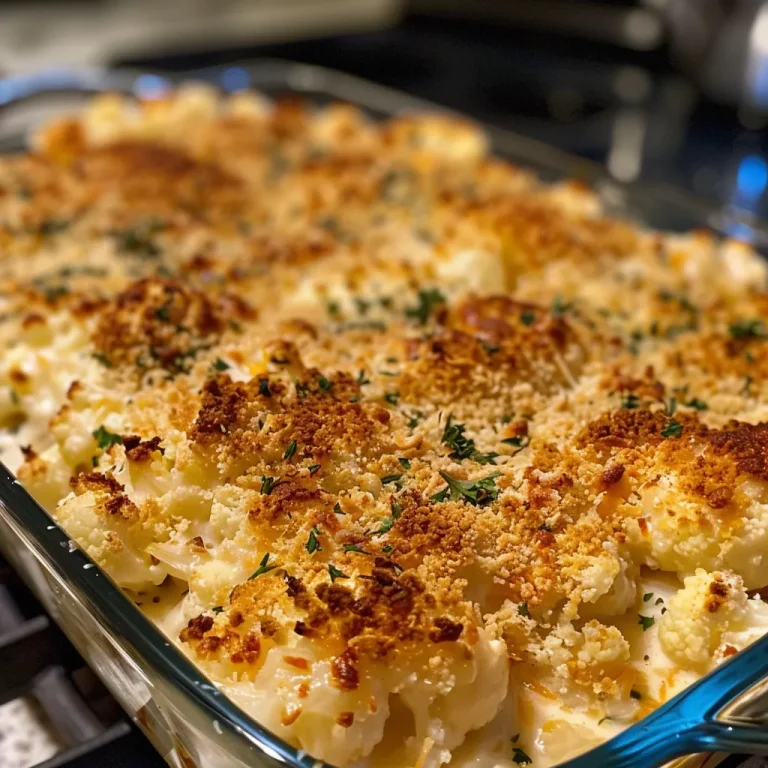Close-up of a bubbling cauliflower gratin topped with buttery Ritz crackers, showcasing a creamy texture.