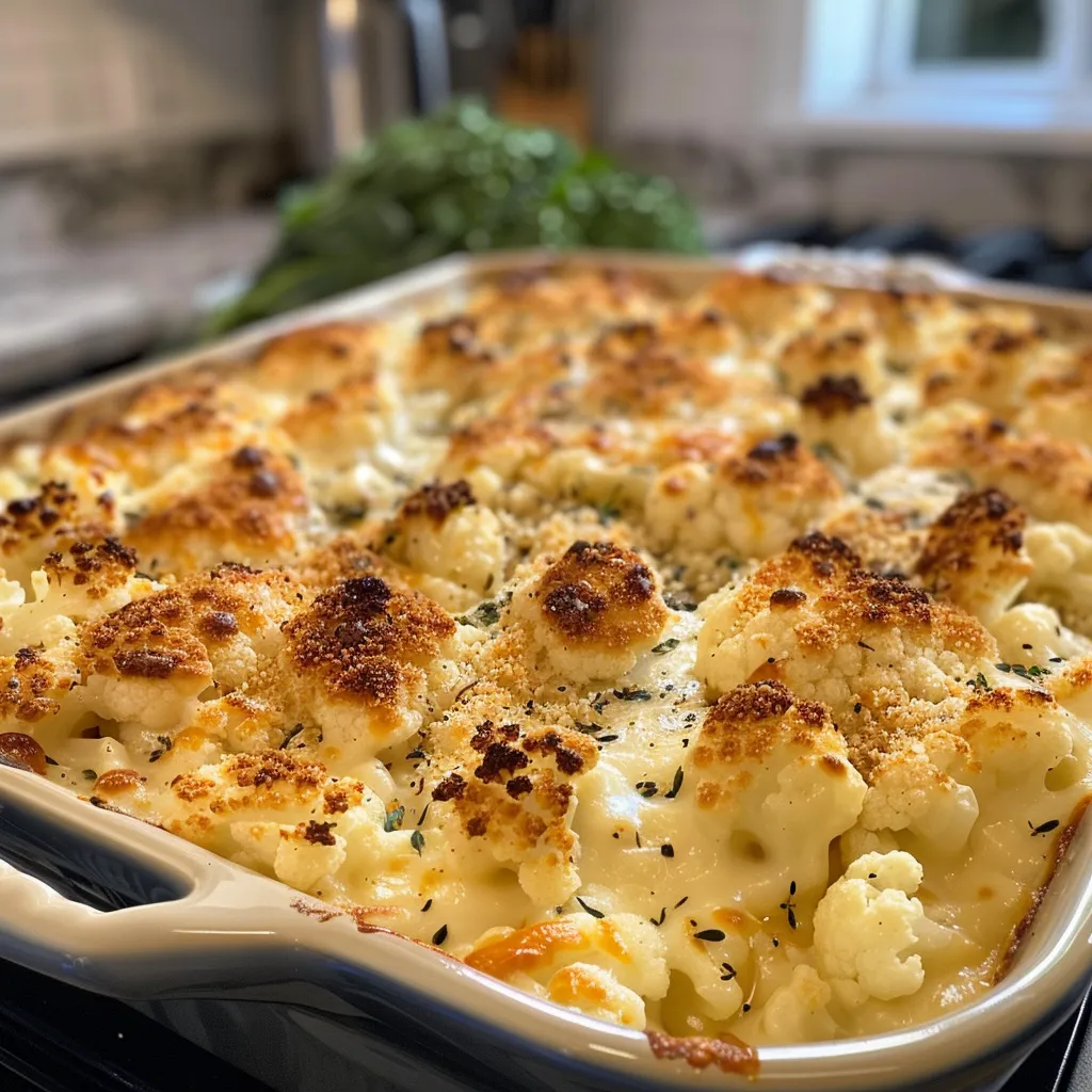 Side view of a cheesy cauliflower gratin with a golden Ritz cracker crust, highlighting its rich color.