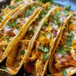 Close-up side view of cheesy baked chicken tacos stacked on a plate.