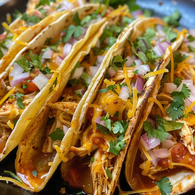 Close-up side view of cheesy baked chicken tacos stacked on a plate.