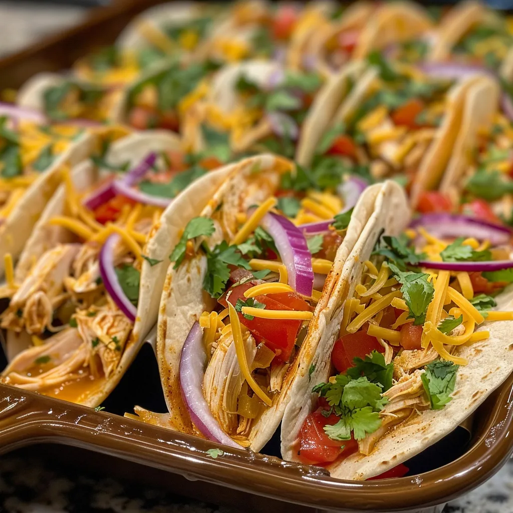 Delicious cheesy baked chicken tacos with toppings displayed on a wooden table.