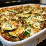 Close-up view of a Cheesy Beef & Zucchini Casserole, showcasing melted cheese and layered ingredients.