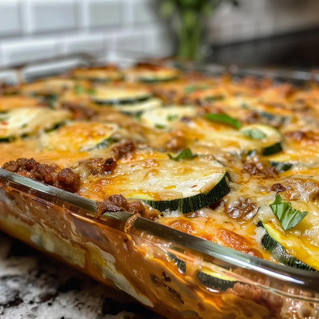Side view of a delicious Cheesy Beef & Zucchini Casserole, highlighting juicy beef and zucchini slices.