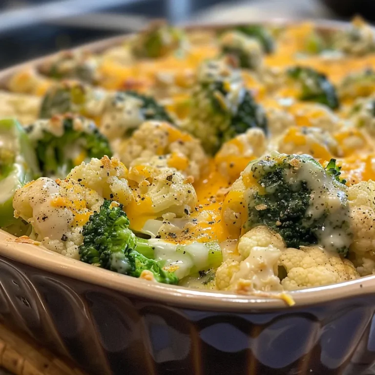 A close-up side view of cheesy broccoli cauliflower casserole with a golden crust.