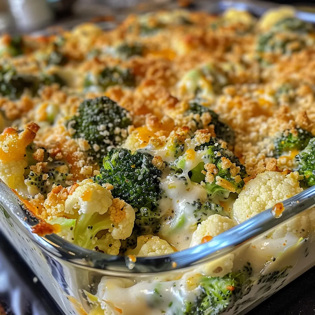A detailed image showcasing a serving of cheesy broccoli and cauliflower casserole.