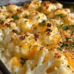 A close-up shot of a cheesy cauliflower casserole with melted cheese and a golden-brown top.