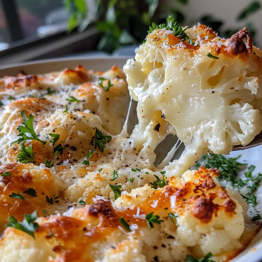 A side view of a bubbling cheesy cauliflower casserole, showcasing gooey cheese and fresh herbs on top.