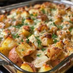 Close-up of a Cheesy Chicken Potato Bake with melted cheese on top.