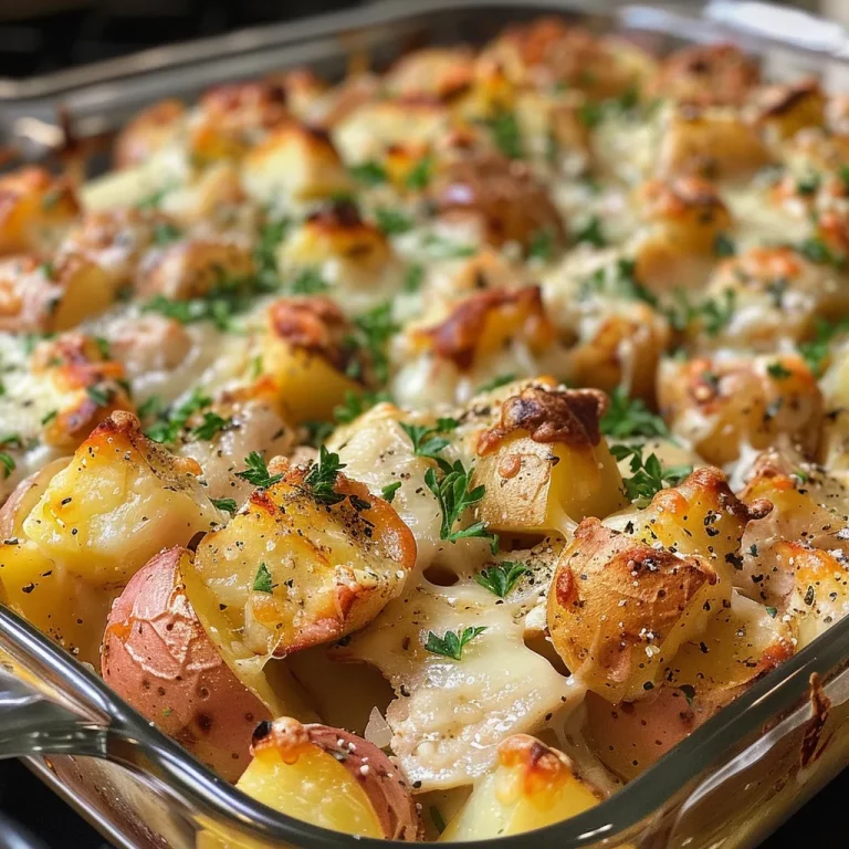 Close-up of a Cheesy Chicken Potato Bake with melted cheese on top.