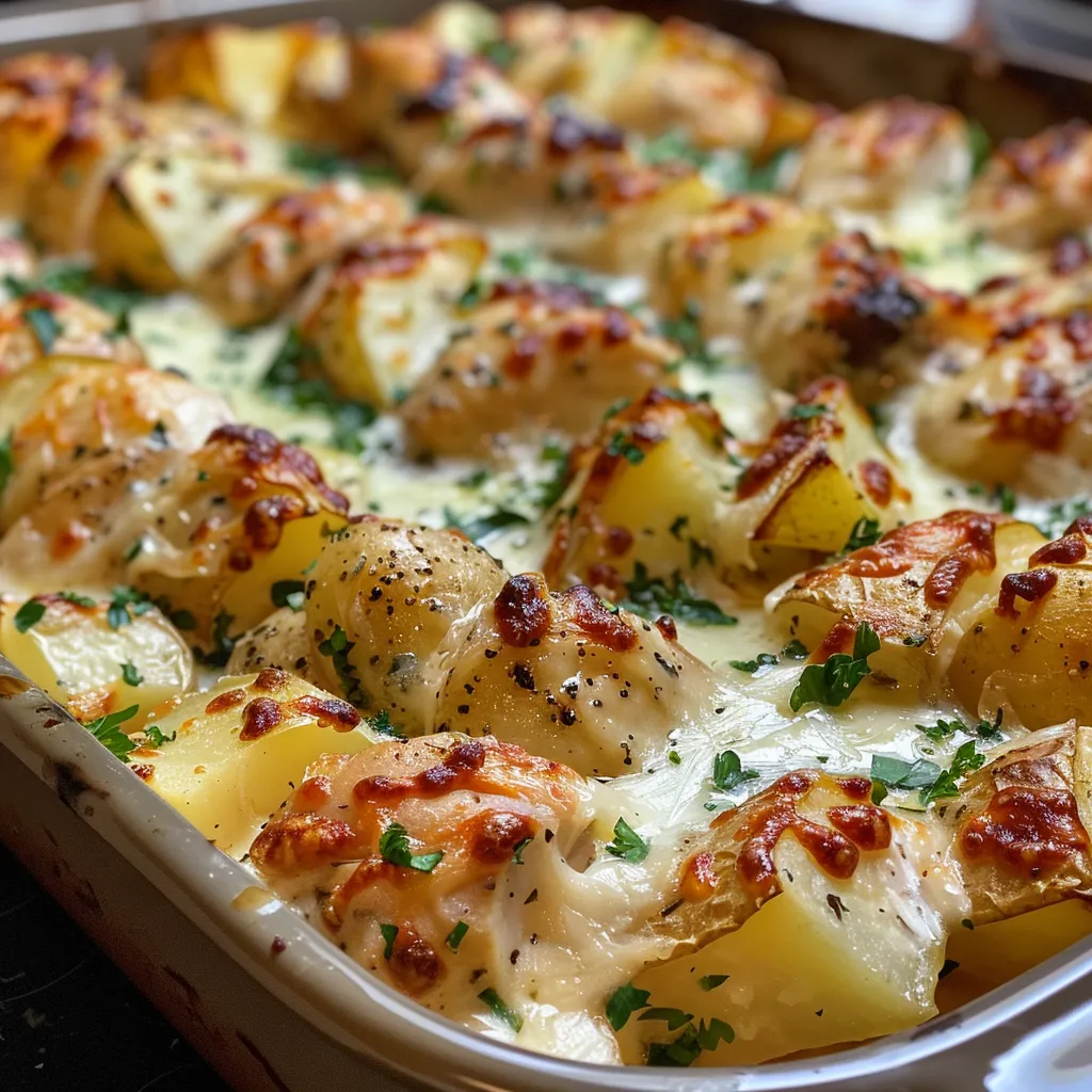 Side view of a baked casserole dish filled with chicken and potatoes, topped with cheese.