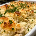 Close-up of a Cheesy Chicken Riced Cauliflower Casserole with melted cheese on top.