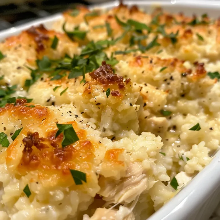 Close-up of a Cheesy Chicken Riced Cauliflower Casserole with melted cheese on top.