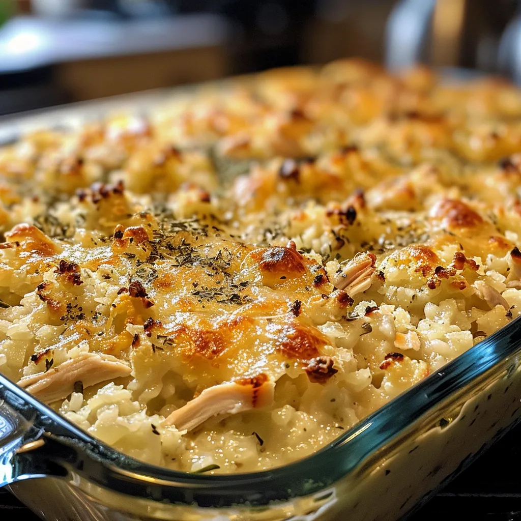 Side view of a creamy, cheesy casserole featuring riced cauliflower and shredded chicken.