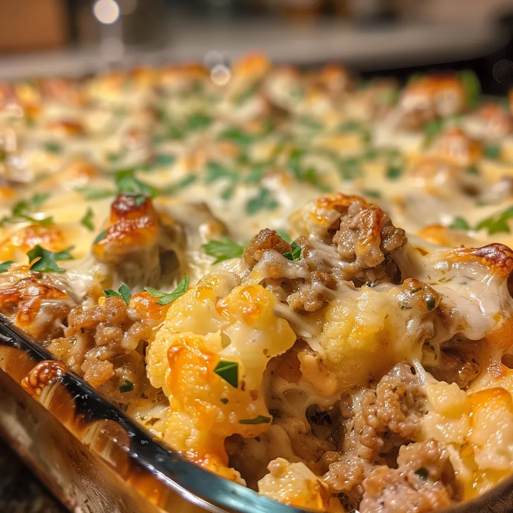 Side view of a juicy casserole featuring ground beef and cauliflower, richly topped with cheese.