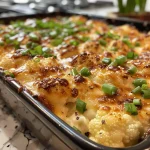 Close-up of a creamy cauliflower au gratin with melted cheese and green onions.