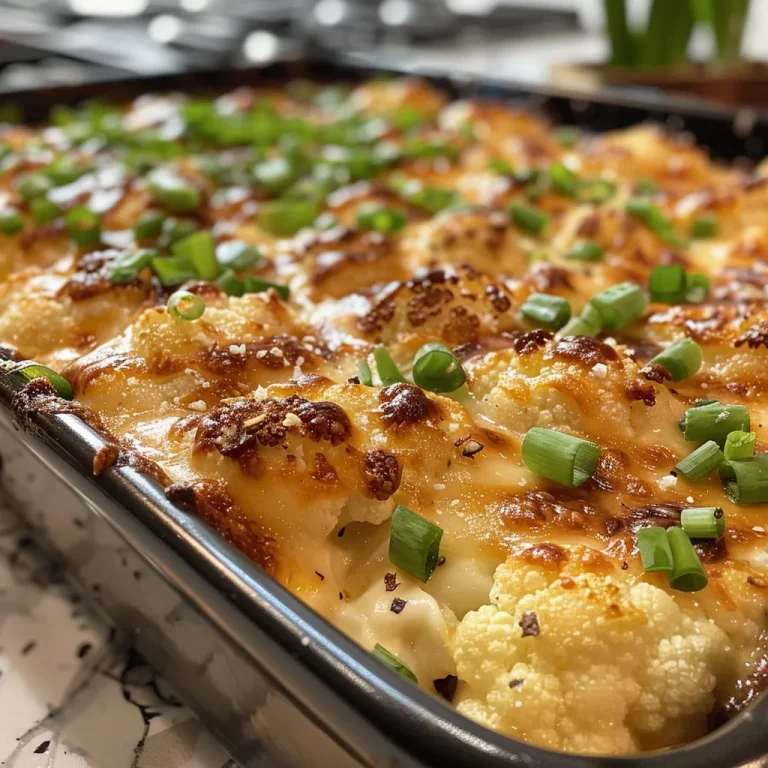 The Creamy Cauliflower Casserole That Set My Kitchen Ablaze Close-up of a creamy cauliflower au gratin with melted cheese and green onions.