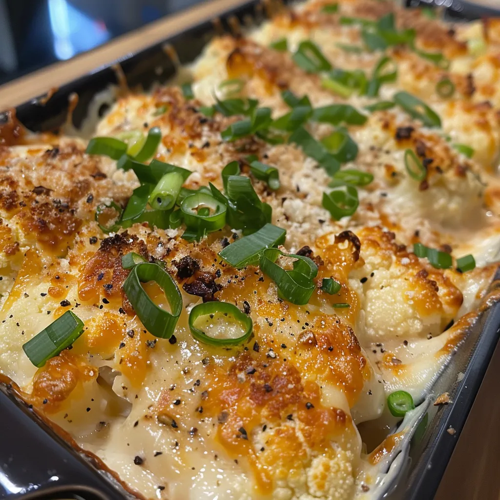Side view of a cheesy keto casserole featuring baked cauliflower and Swiss cheese.