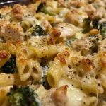 A close-up view of a Chicken and Broccoli Pasta Bake, showcasing creamy pasta, tender chicken, and vibrant broccoli.