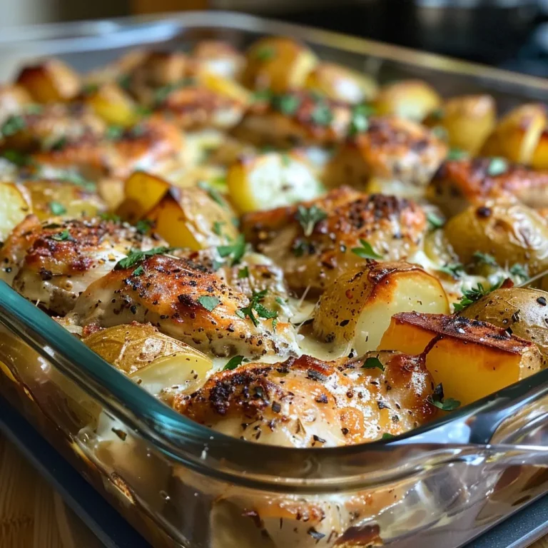 Cooking Up Adventure: The Chicken and Potato Bake That Dares You to Savor Every Bite Juicy Chicken and Potato Bake with a golden crust and fresh parsley garnish.