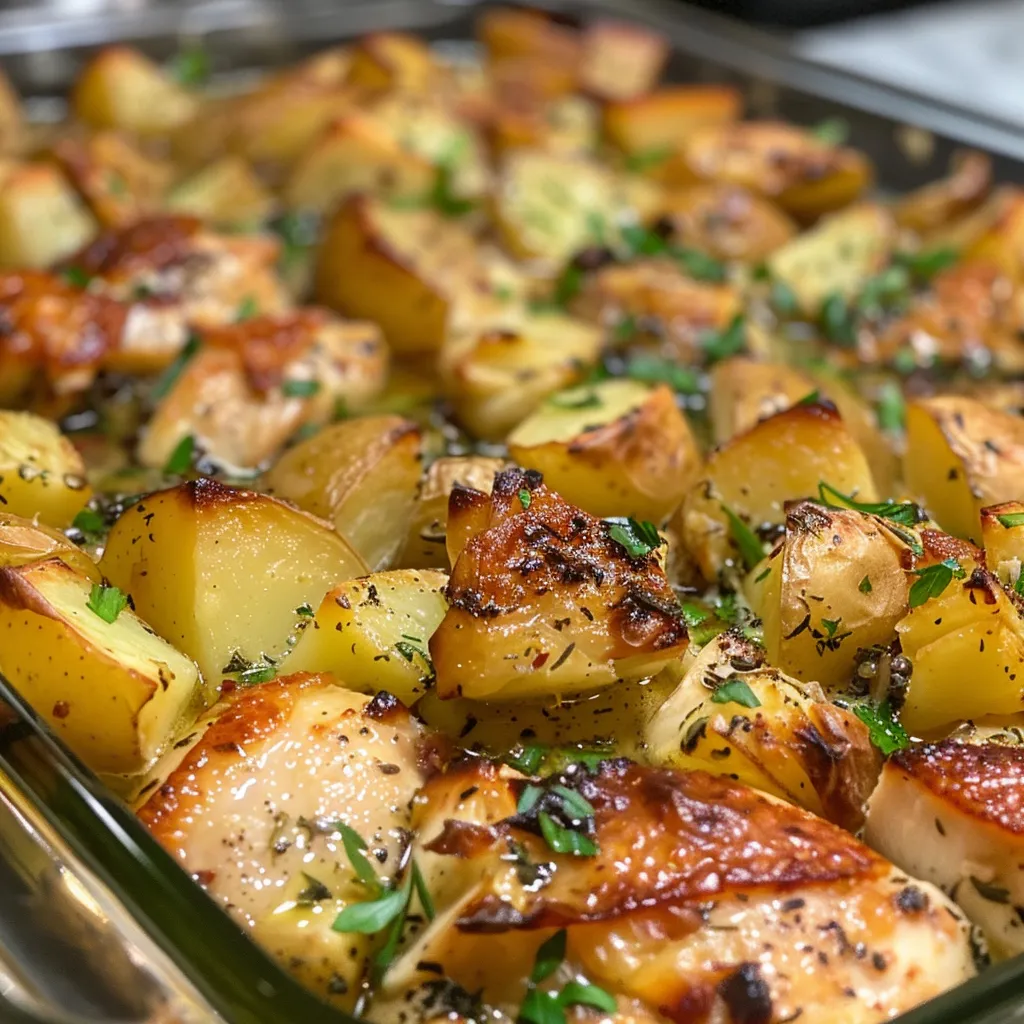 Close-up side view of Chicken and Potato Bake showing tender chicken and diced potatoes.
