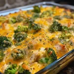 Close-up view of a baking dish filled with Chicken Broccoli Bake, showcasing broccoli and chicken mixed with creamy sauce.