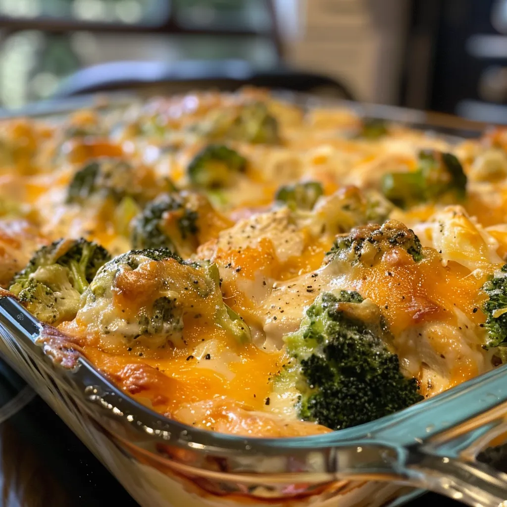 Side view of a delicious Chicken Broccoli Bake, revealing layers of broccoli, chicken, and melted cheese.