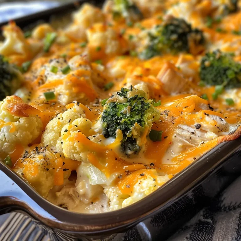 Close-up of a delicious chicken cauliflower casserole garnished with green onions.