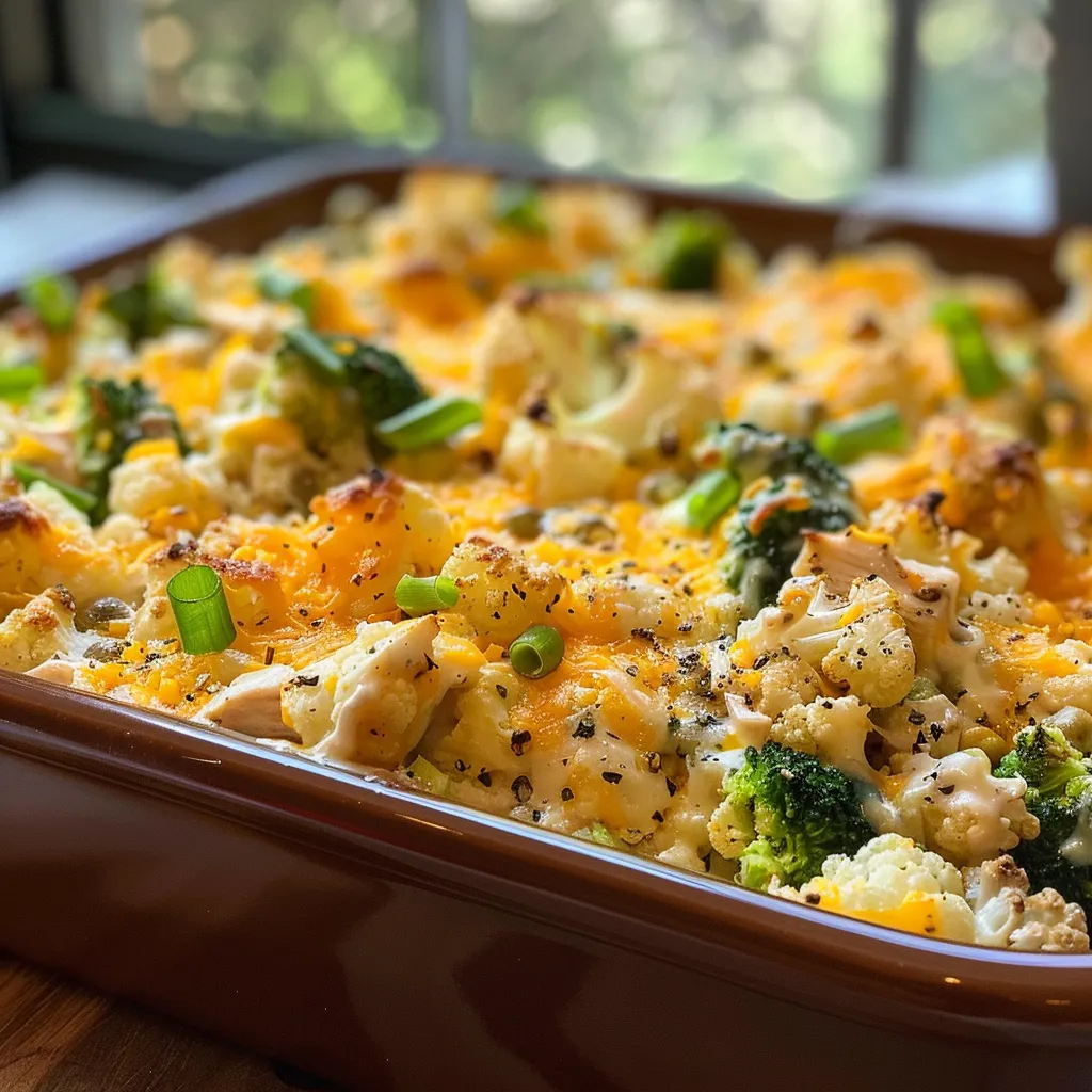 Juicy chicken and cauliflower casserole with melted cheddar cheese on top.