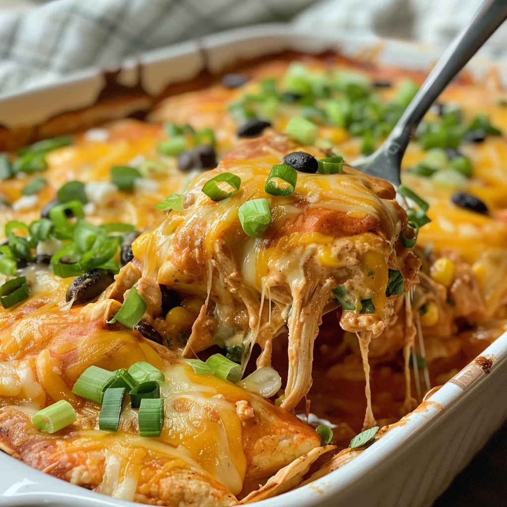 A side view of a juicy Chicken Enchilada Casserole, showcasing layers of tortillas, chicken, and enchilada sauce.