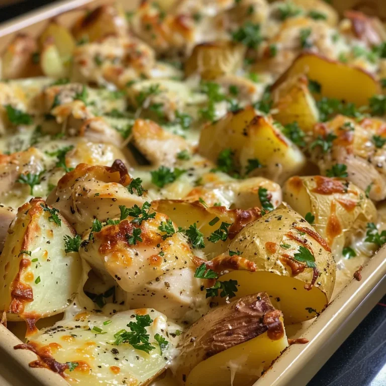 A close-up side view of a delicious Chicken Potato Bake with golden-brown chicken and diced potatoes.