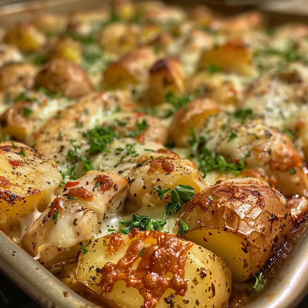 Juicy Chicken Potato Bake showcasing tender chicken pieces and diced, baked potatoes in a hearty dish.