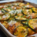 Close-up view of a Chicken Zucchini Bake served in a dish, showcasing melted cheese and juicy chicken.