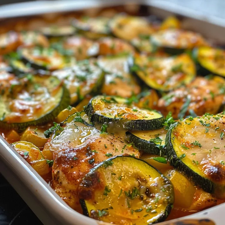 Close-up view of a Chicken Zucchini Bake served in a dish, showcasing melted cheese and juicy chicken.