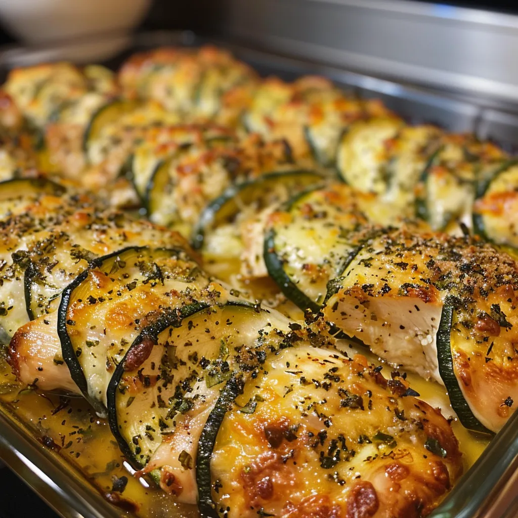 A side view of a baked dish featuring sliced zucchinis and chicken topped with melted cheese.