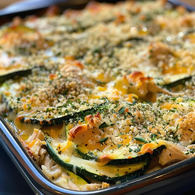 A close-up side view of a Chicken Zucchini Casserole, showcasing layers of chicken and cheese.