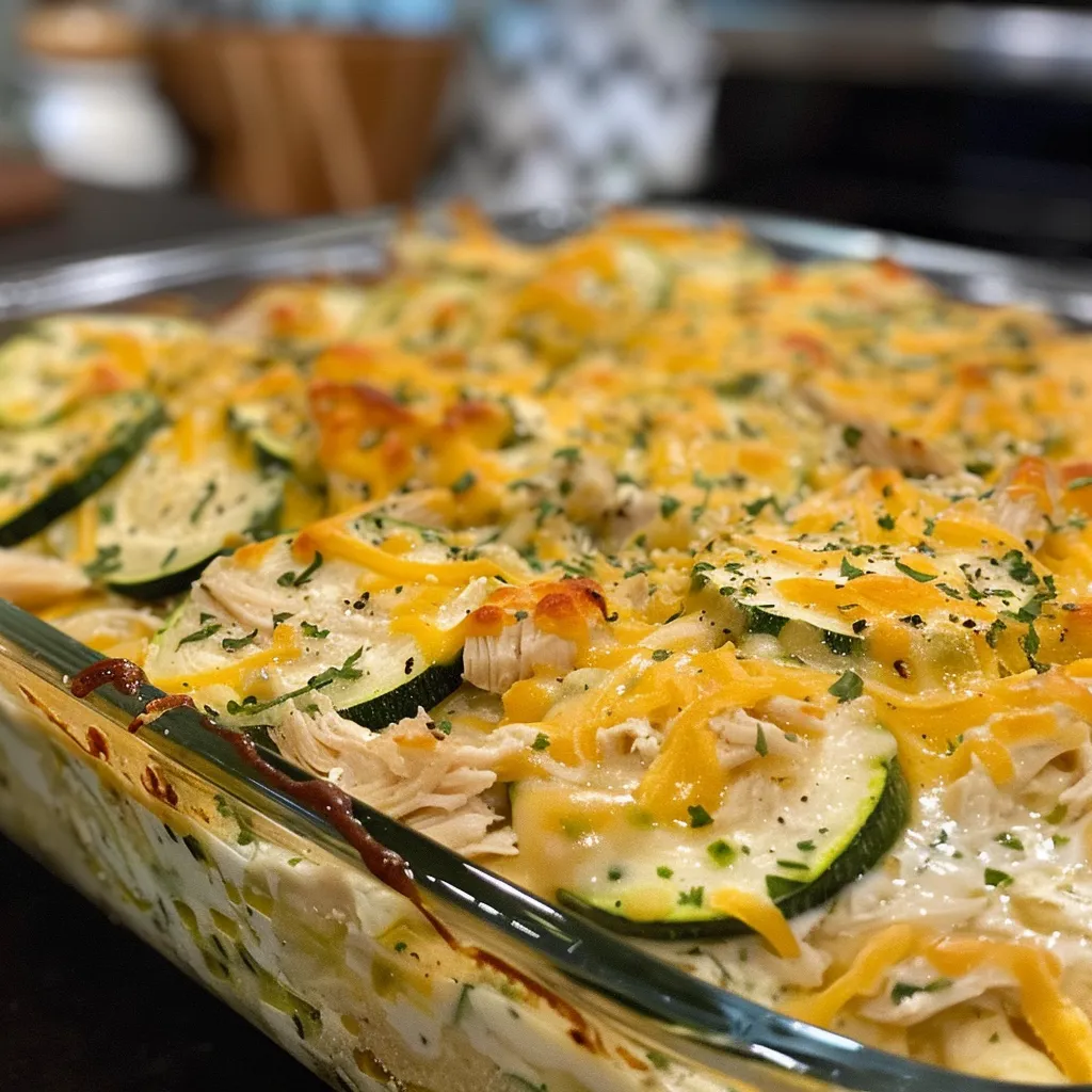 A delicious Chicken Zucchini Casserole in a baking dish, highlighting the melted cheese and zucchini.