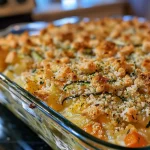 Close-up view of a zucchini casserole with a golden crispy topping.