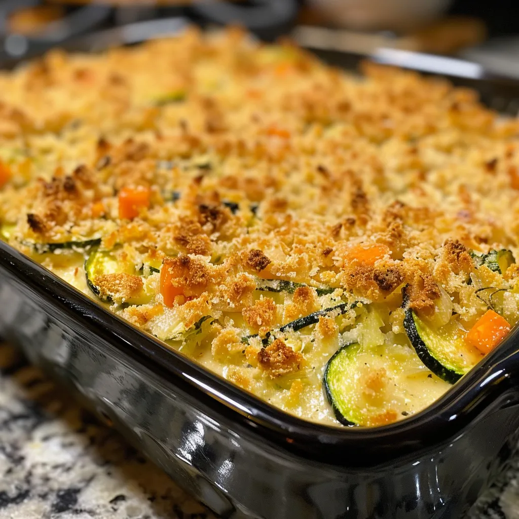 Side view of a baked zucchini casserole with stuffing on top, served in a dish.